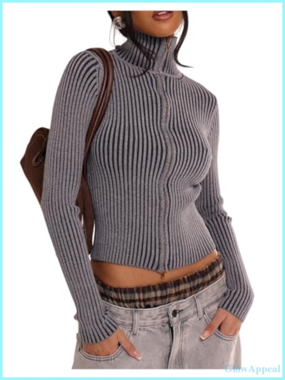 Y2K Striped Cropped Knit Zip Up Cardigan Sweater Long Sleeve High Stretch